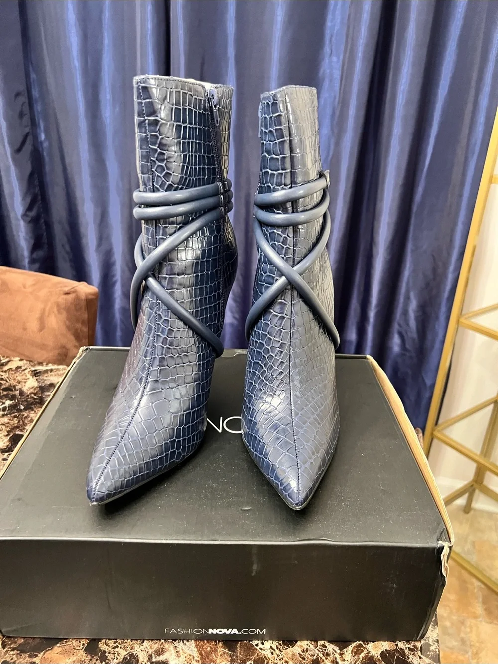 Fashion Nova Navy Croc-Embossed Stiletto Booties with Wrap Strap